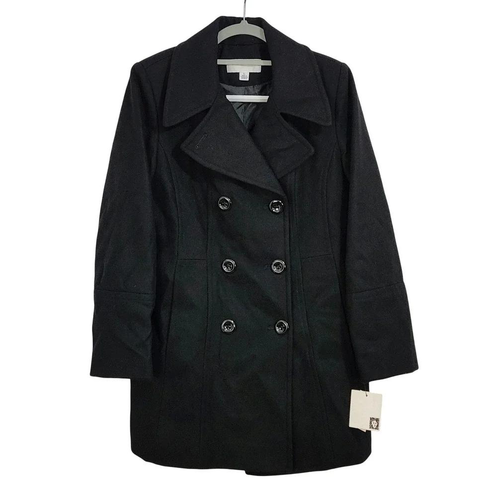 NEW Anne Klein Classic Double Breasted Pea Coat Womens Large Black‎ Wool Blend